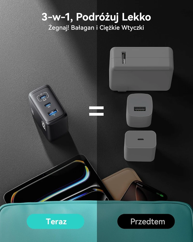 INIU USB kroviklis 65 W, 3 jungtys (2 x USB-C + 1x USB-A), greitas PD įkrovimas, GaN technologija