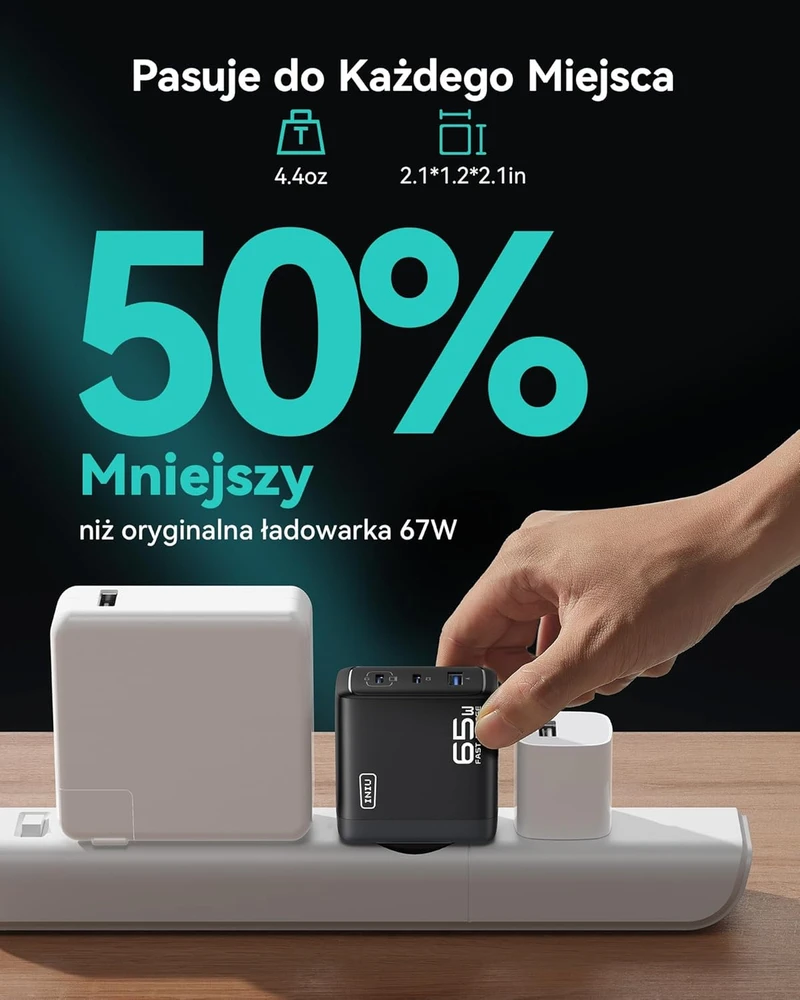 INIU USB kroviklis 65 W, 3 jungtys (2 x USB-C + 1x USB-A), greitas PD įkrovimas, GaN technologija