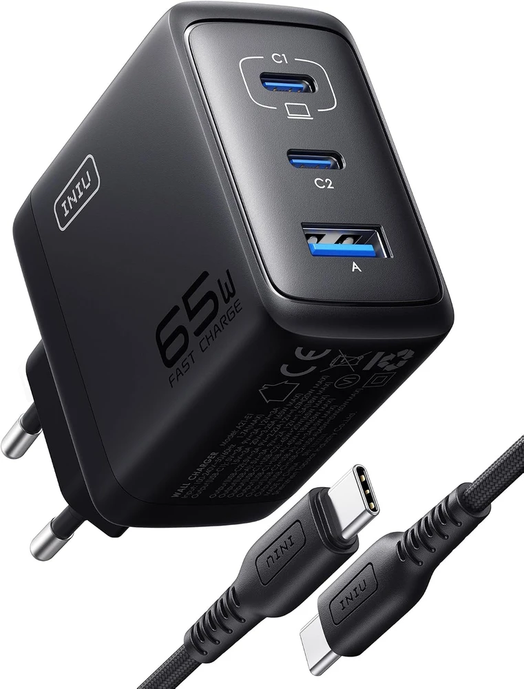 INIU USB kroviklis 65 W, 3 jungtys (2 x USB-C + 1x USB-A), greitas PD įkrovimas, GaN technologija