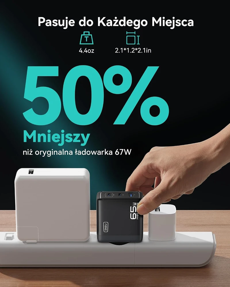 INIU USB kroviklis 65 W, 3 jungtys (2 x USB-C + 1x USB-A), greitas PD įkrovimas, GaN technologija