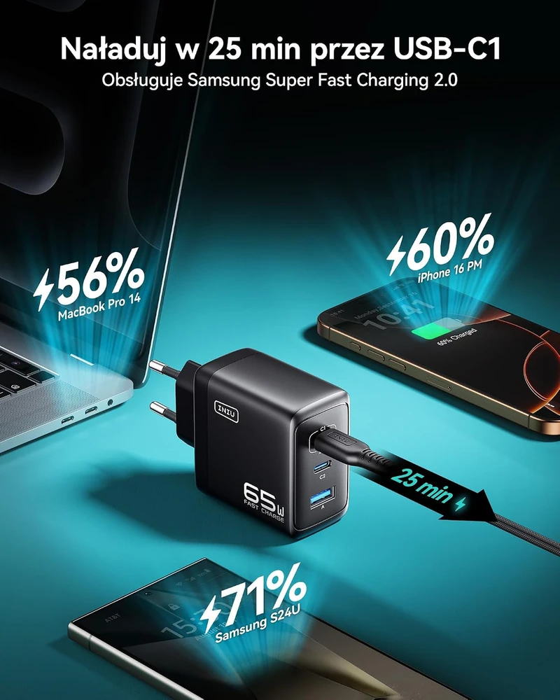 INIU USB kroviklis 65 W, 3 jungtys (2 x USB-C + 1x USB-A), greitas PD įkrovimas, GaN technologija
