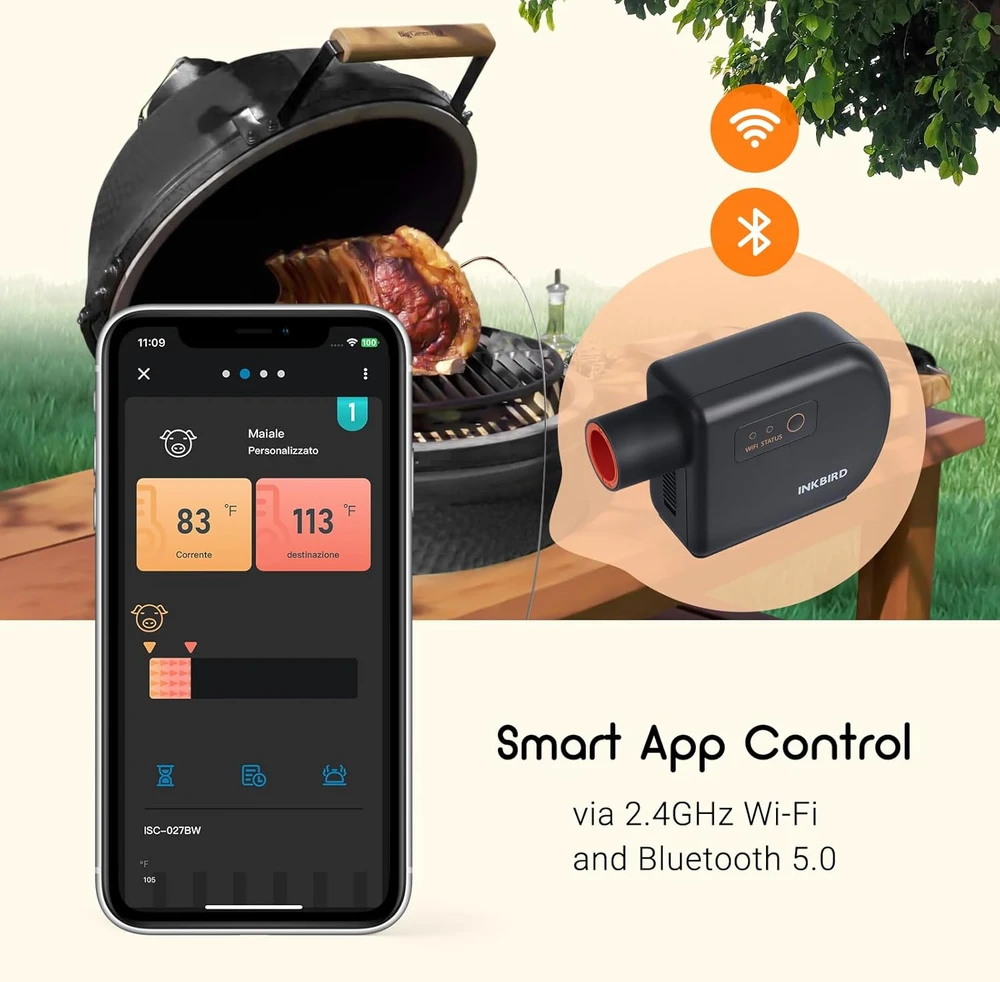 Inkbird išmanioji grilio oro pūstuvė su Bluetooth, Wi-Fi ir 4 maisto temperatūros zondais, ISC-027