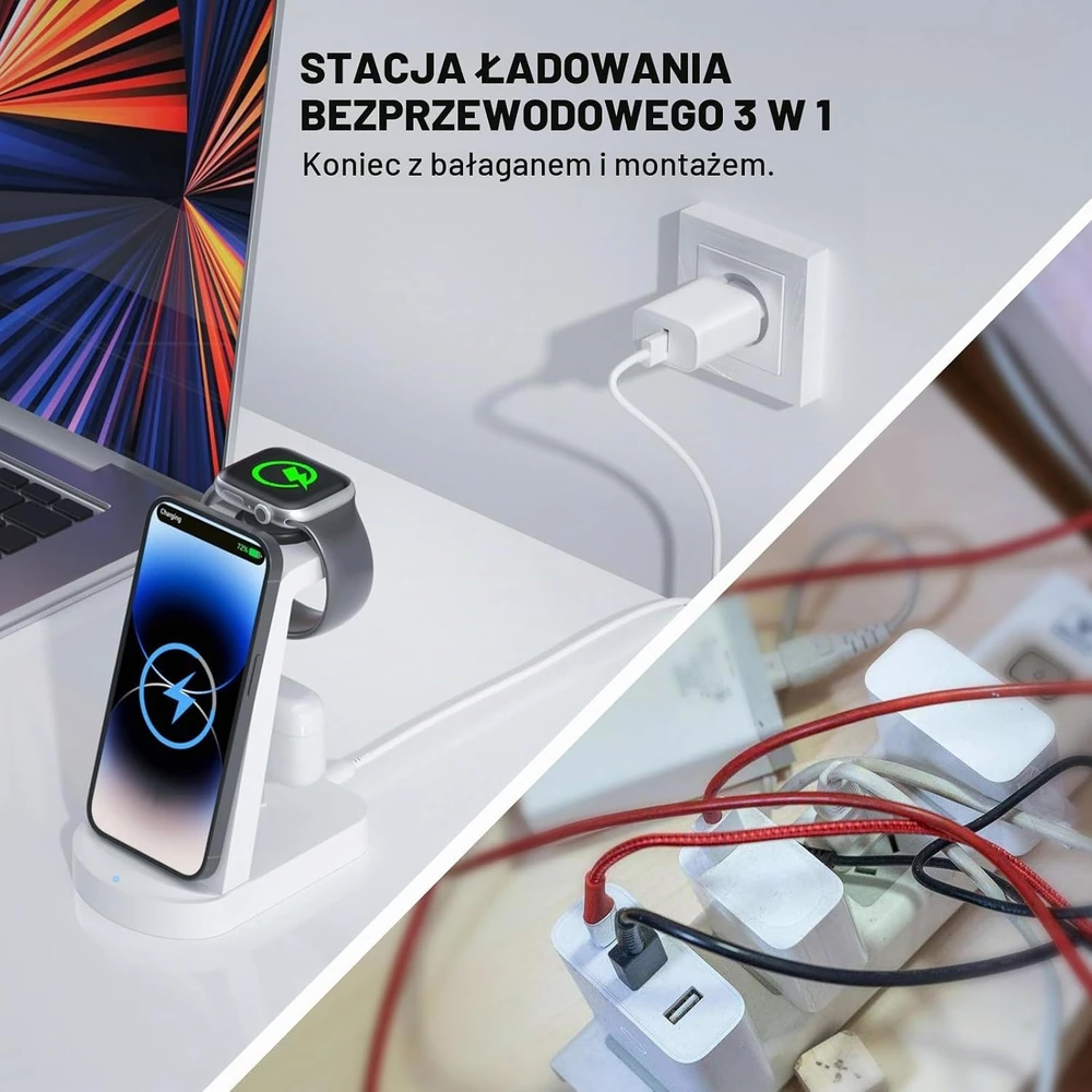 INNISTO belaidė įkrovimo stotelė 3 įrenginiams, 18 W, Qi, USB-C, G618