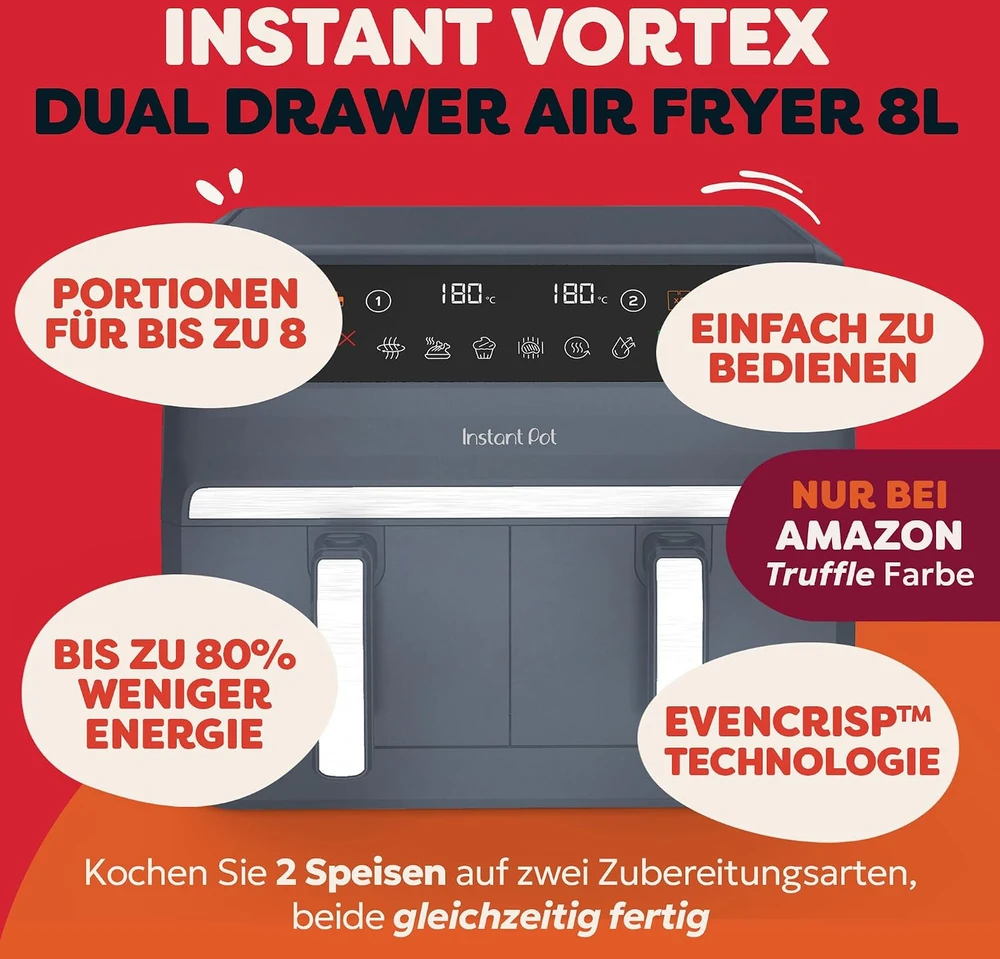 Instant Pot karšto oro gruzdintuvė su dviem 4 l krepšiais, 8 l, 1850 W, INAFB91-BK