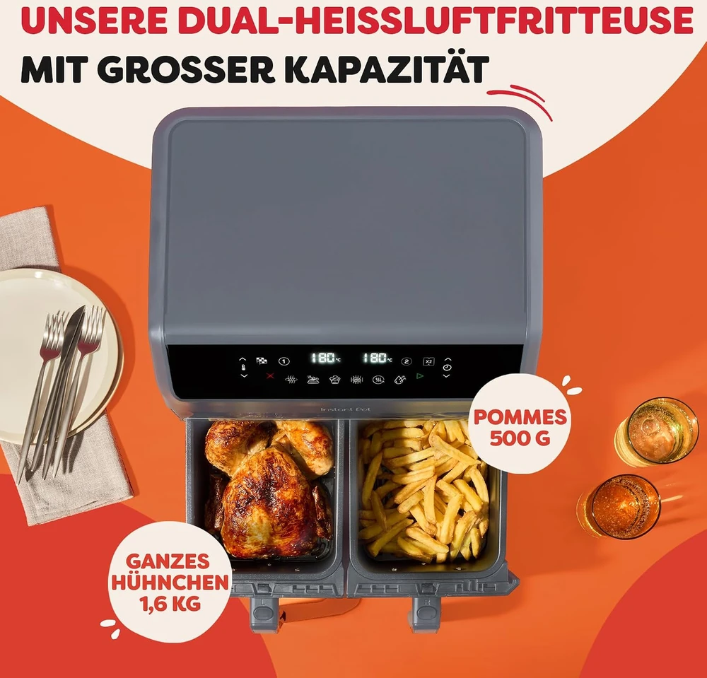 Instant Pot karšto oro gruzdintuvė su dviem 4 l krepšiais, 8 l, 1850 W, INAFB91-BK