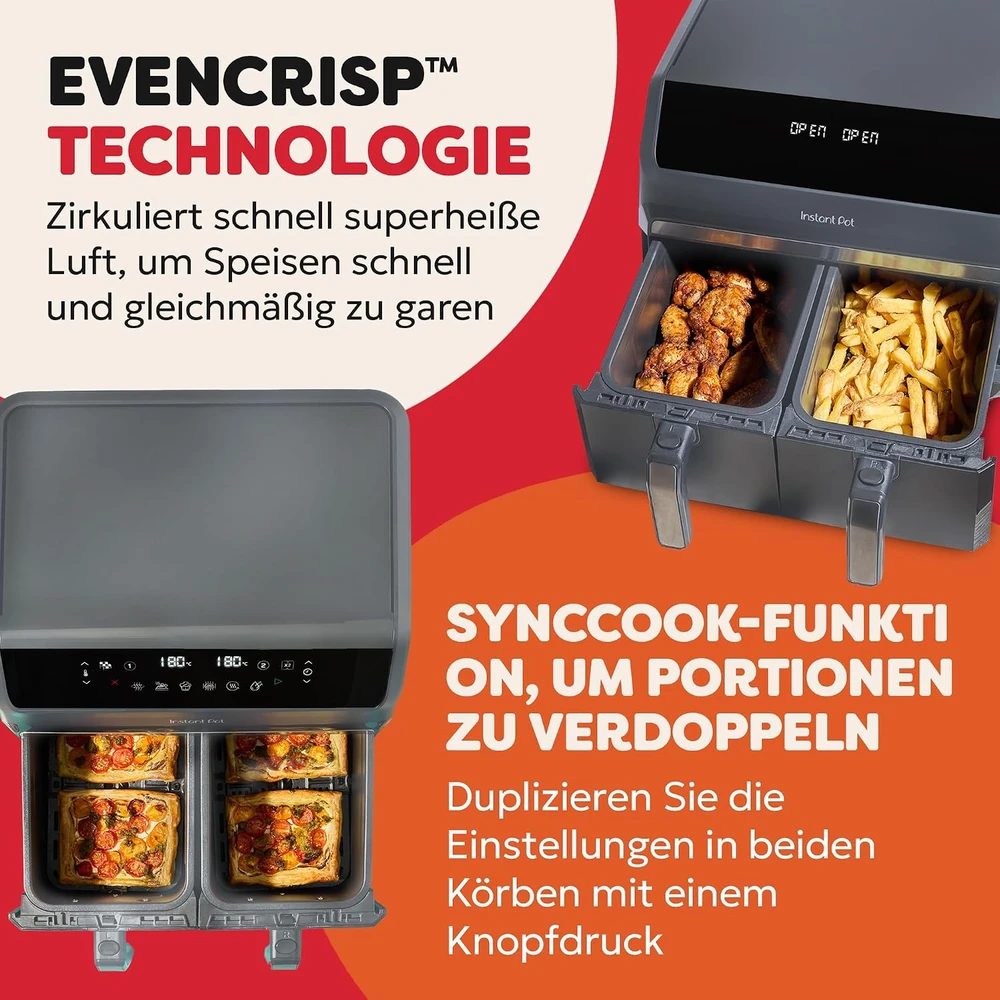 Instant Pot karšto oro gruzdintuvė su dviem 4 l krepšiais, 8 l, 1850 W, INAFB91-BK