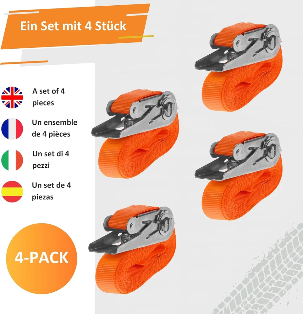 INTAKO transportavimo diržų rinkinys su įtempėju, 800 kg, 4 m, 25 mm, oranžiniai, 4 vnt.