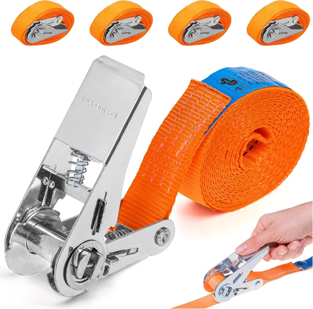 INTAKO transportavimo diržų rinkinys su įtempėju, 800 kg, 4 m, 25 mm, oranžiniai, 4 vnt.