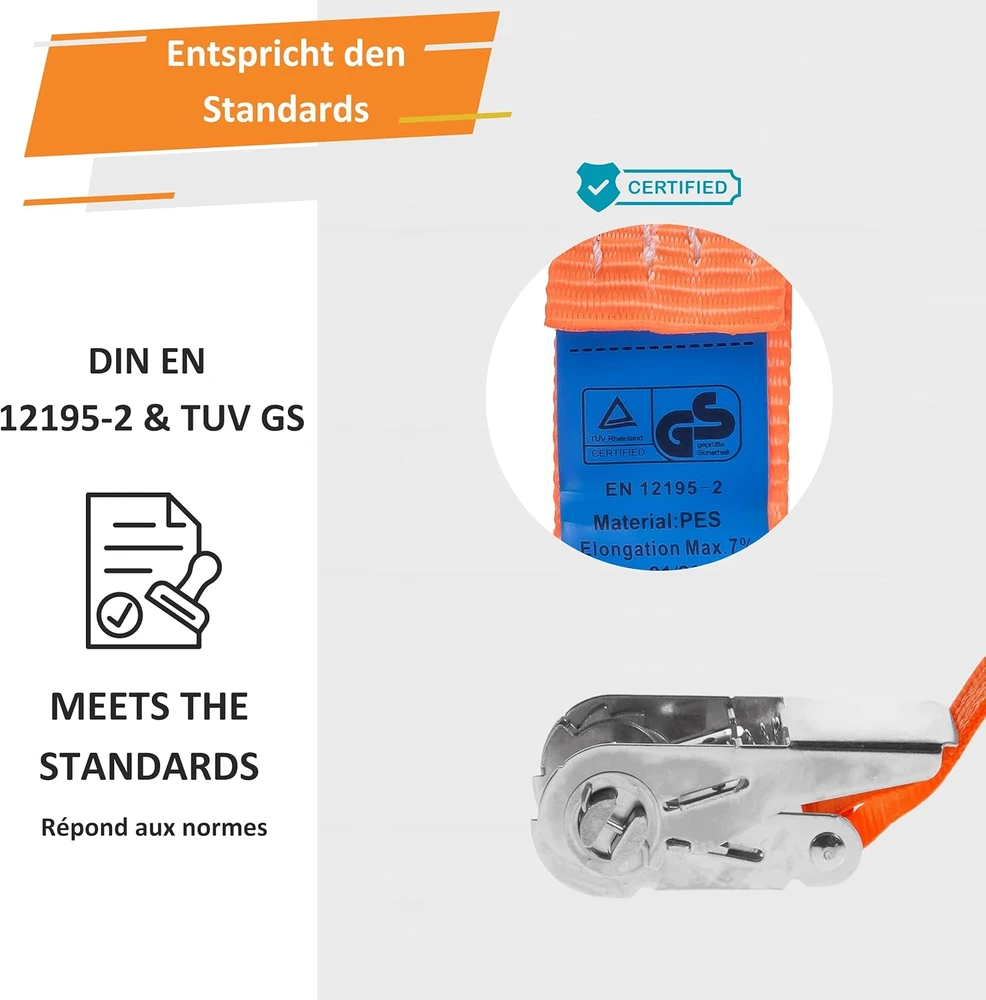 INTAKO transportavimo diržų rinkinys su įtempėju, 800 kg, 4 m, 25 mm, oranžiniai, 4 vnt.