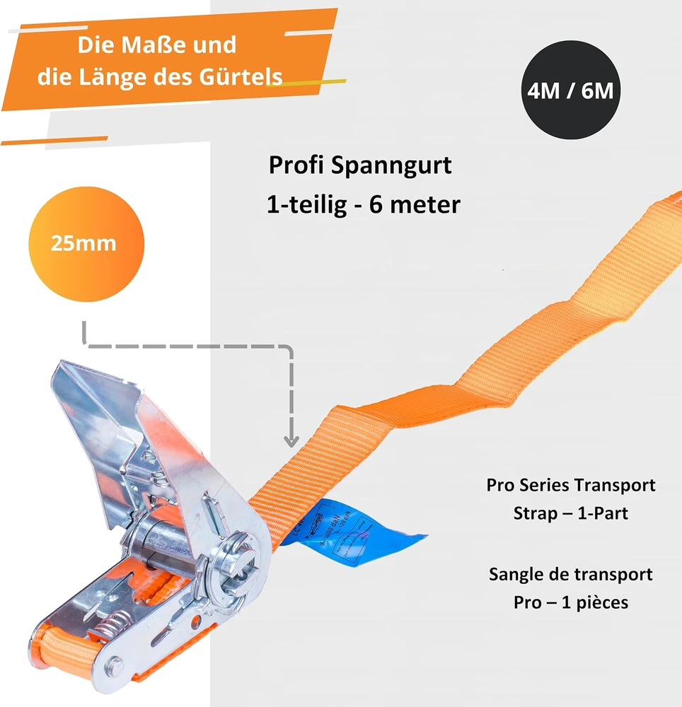 INTAKO transportavimo diržų rinkinys su įtempėju, 800 kg, 4 m, 25 mm, oranžiniai, 4 vnt.