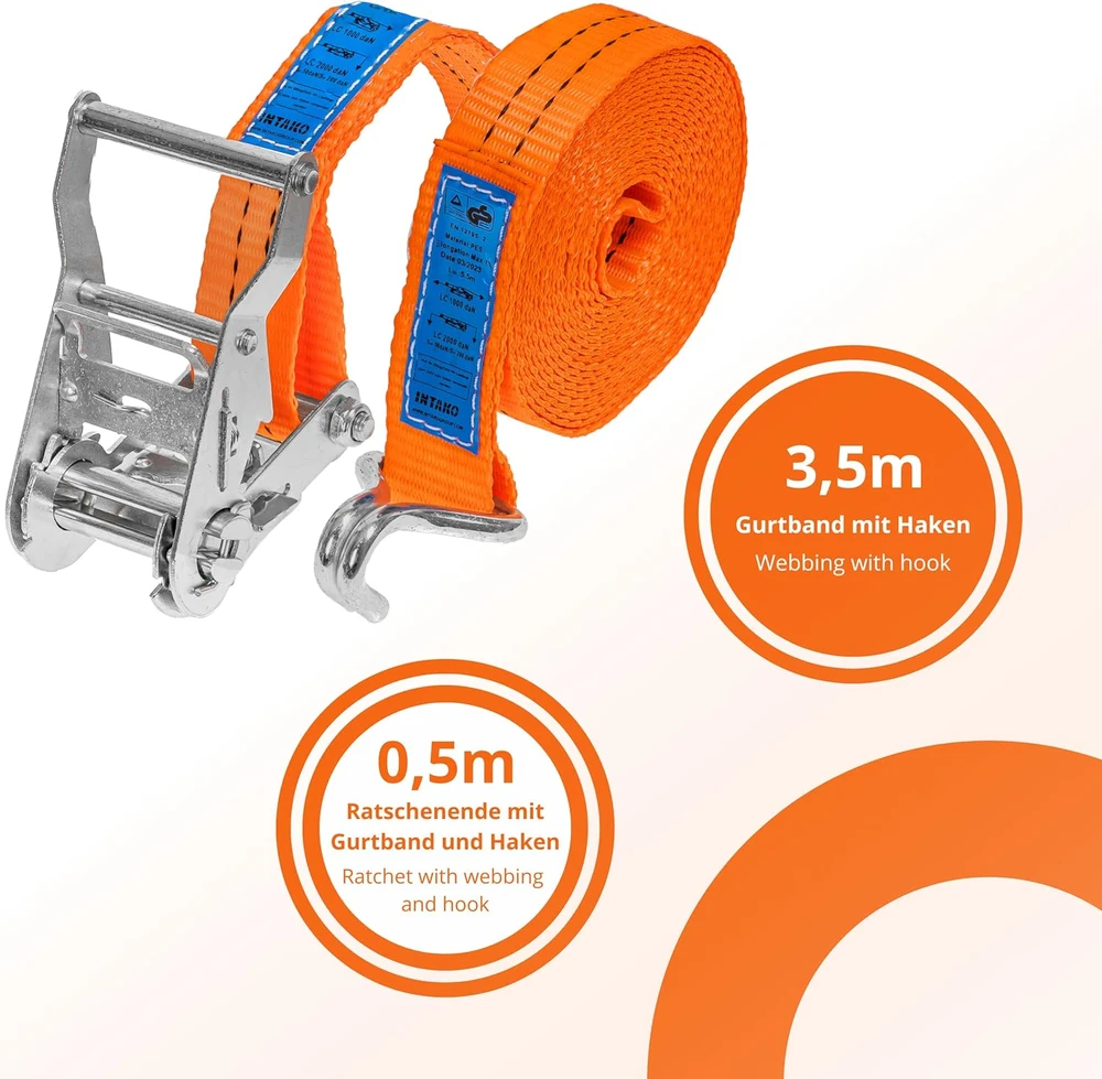 INTAKO transportavimo diržų rinkinys su įtempikliu, 4 m, 2000 kg, 35 mm, 4 vnt.