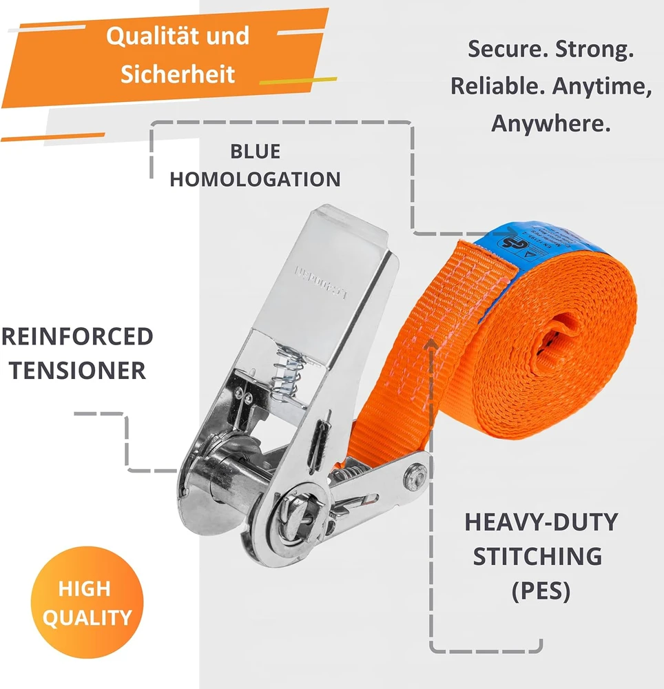 INTAKO transportavimo diržų rinkinys su įtempėju, 800 kg, 4 m, 25 mm, oranžiniai, 4 vnt.