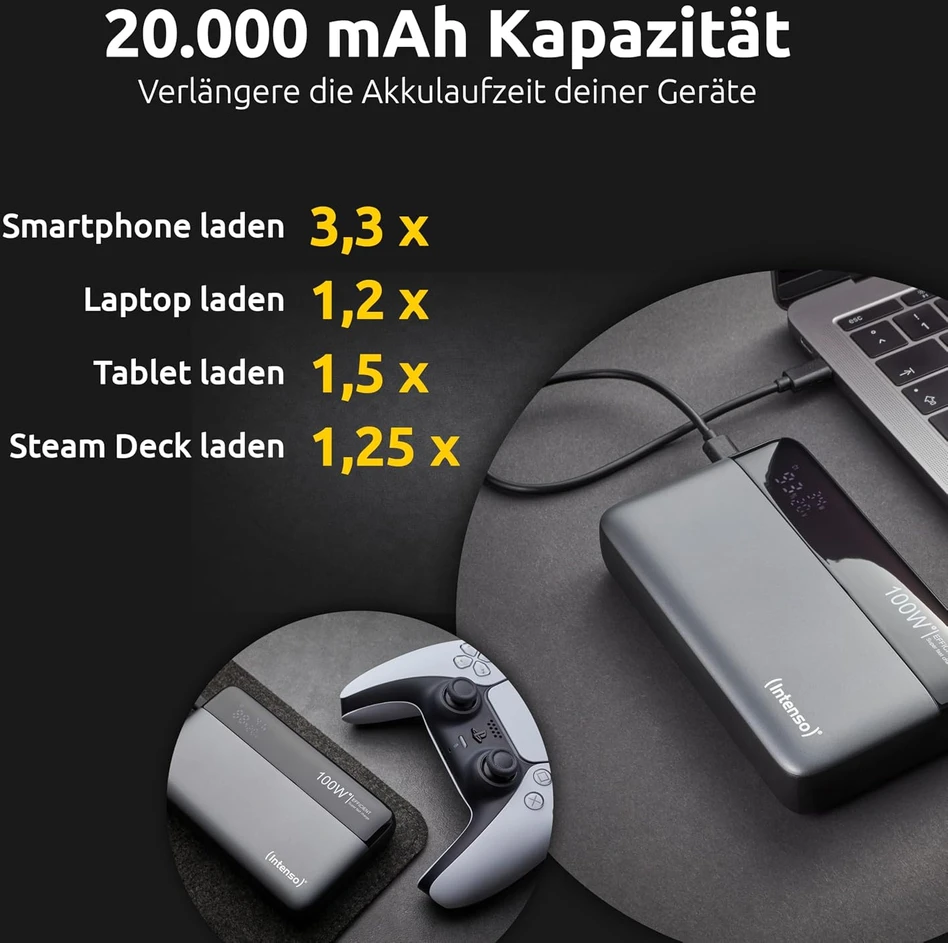 Intenso išorinis akumuliatorius HE20000, 20 000 mAh, 100 W, 7350050