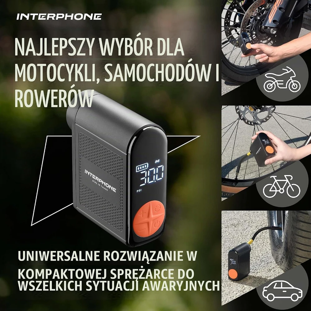 Hoto Interphone nešiojamasis oro kompresorius motociklams ir automobiliams su LED, INTERPHOAIRPUMP3K