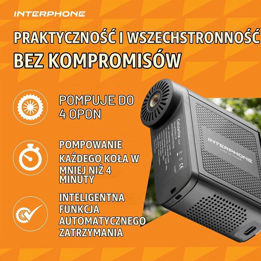 Hoto Interphone nešiojamasis oro kompresorius motociklams ir automobiliams su LED, INTERPHOAIRPUMP3K