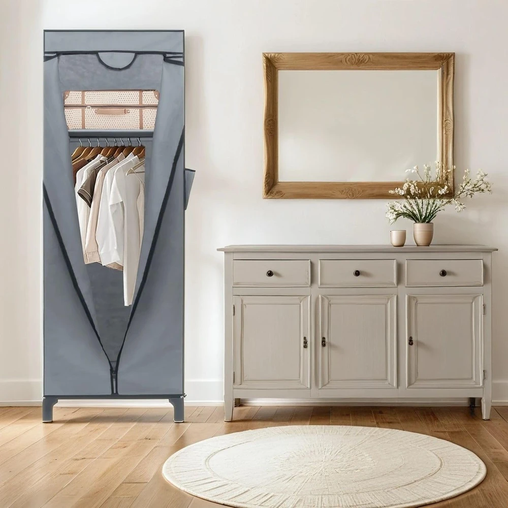 Intirilife tekstilinė spinta su stalviršiu, lentynomis ir šonine kišene, 68 × 45 × 175 cm, pilka