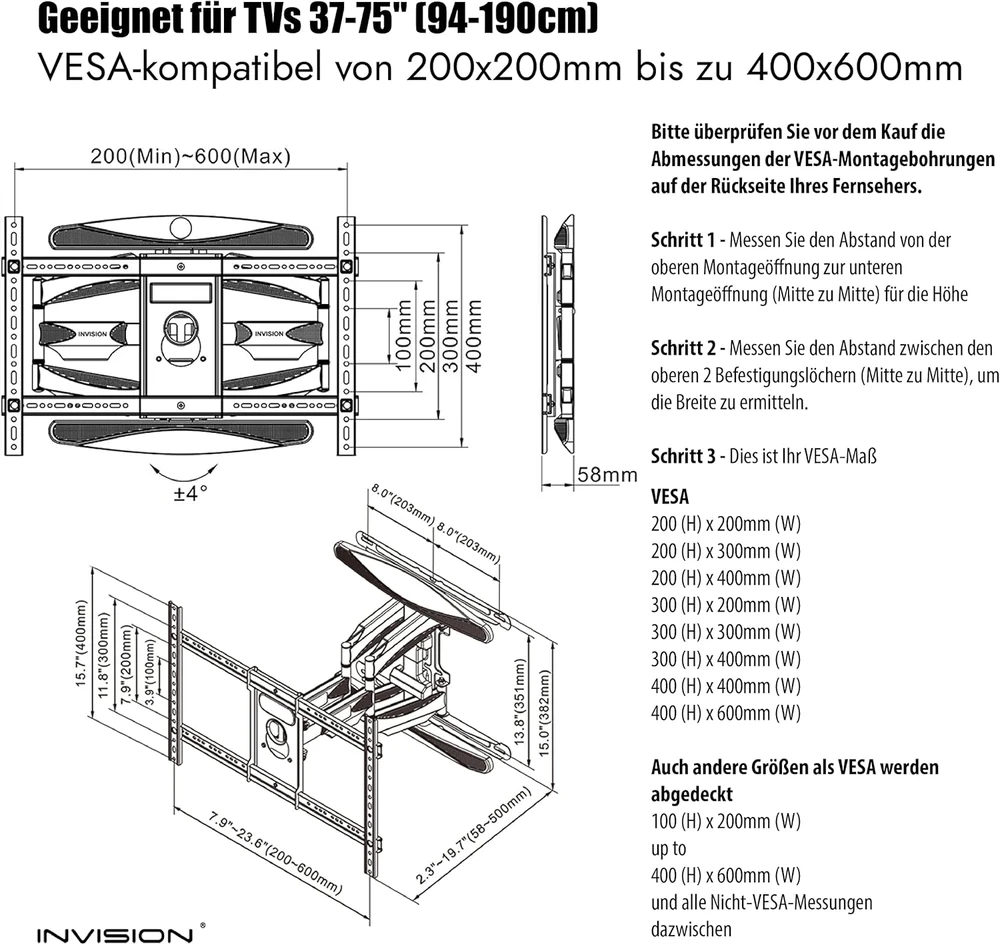 Invision televizoriaus sieninis laikiklis 37–75 col. iki 50 kg, VESA 600 × 400, DXL-DE-IA