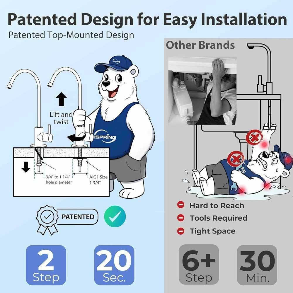 iSpring atvirkštinio osmozės vandens filtravimo sistema RCC7AK, 6 pakopų, 75 GPD, pH remineralizacija, po kriaukle