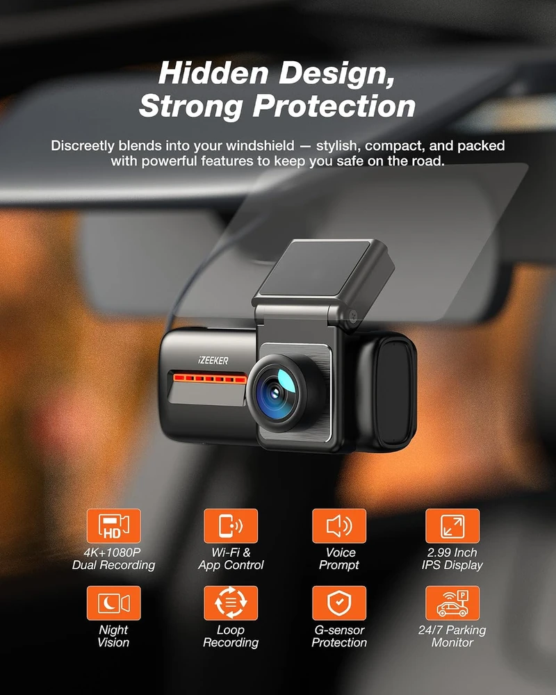 iZEEKER automobilinis vaizdo registratorius su priekine 4K ir galine 1080p kamera iD440