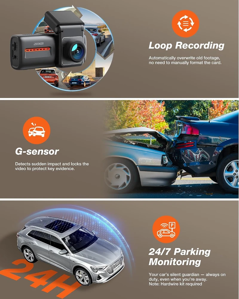 iZEEKER automobilinis vaizdo registratorius su priekine 4K ir galine 1080p kamera iD440