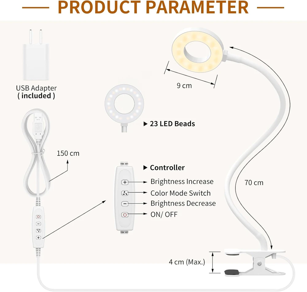 iZELL LED skaitymo lempa su spaustuku, 23 LED, 10 W, USB, TBL235-WH