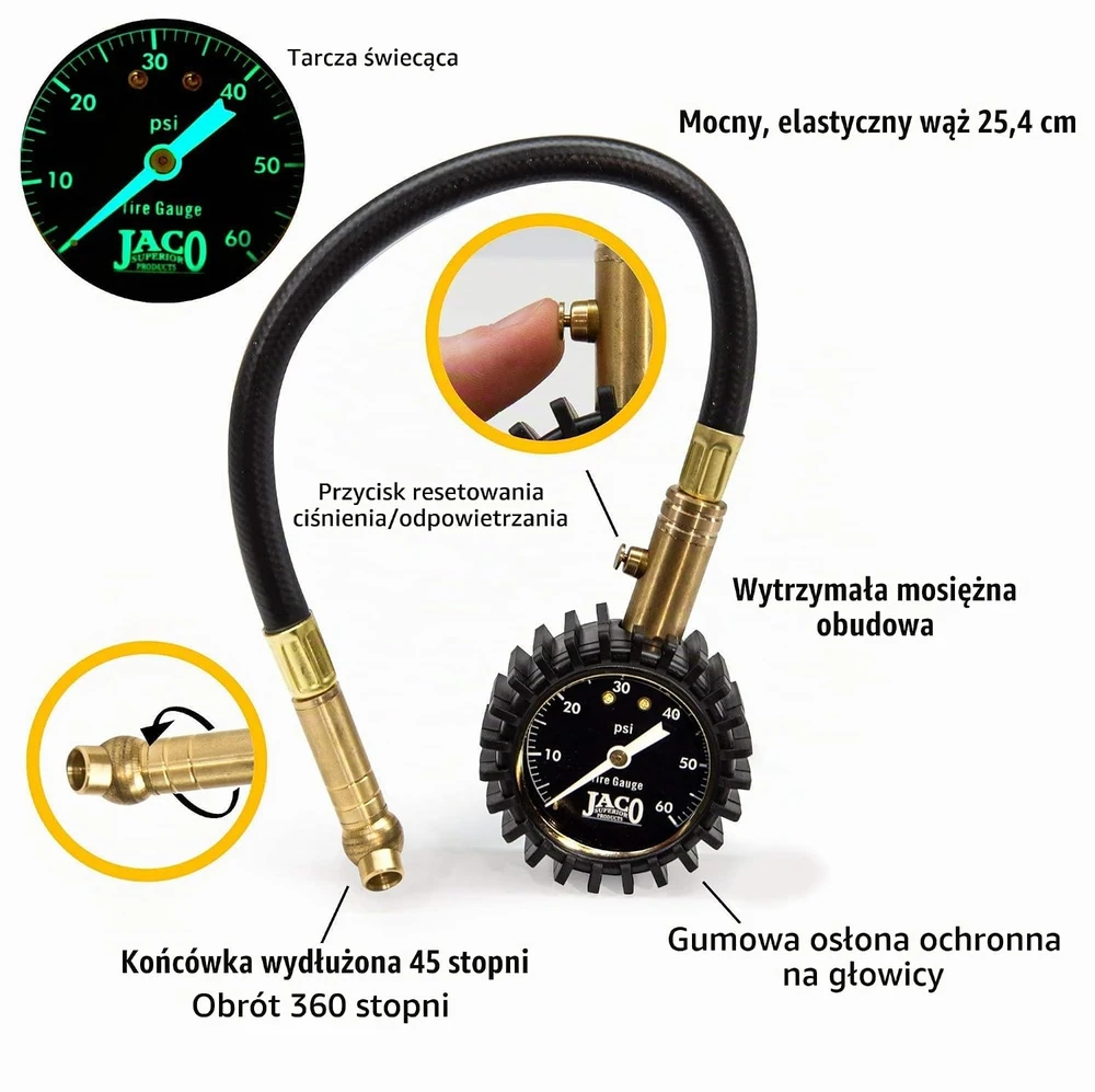 JACO Superior Products ElitePro padangų slėgio matuoklis 4–60 psi su 5,1 cm ciferblatu JSP-004
