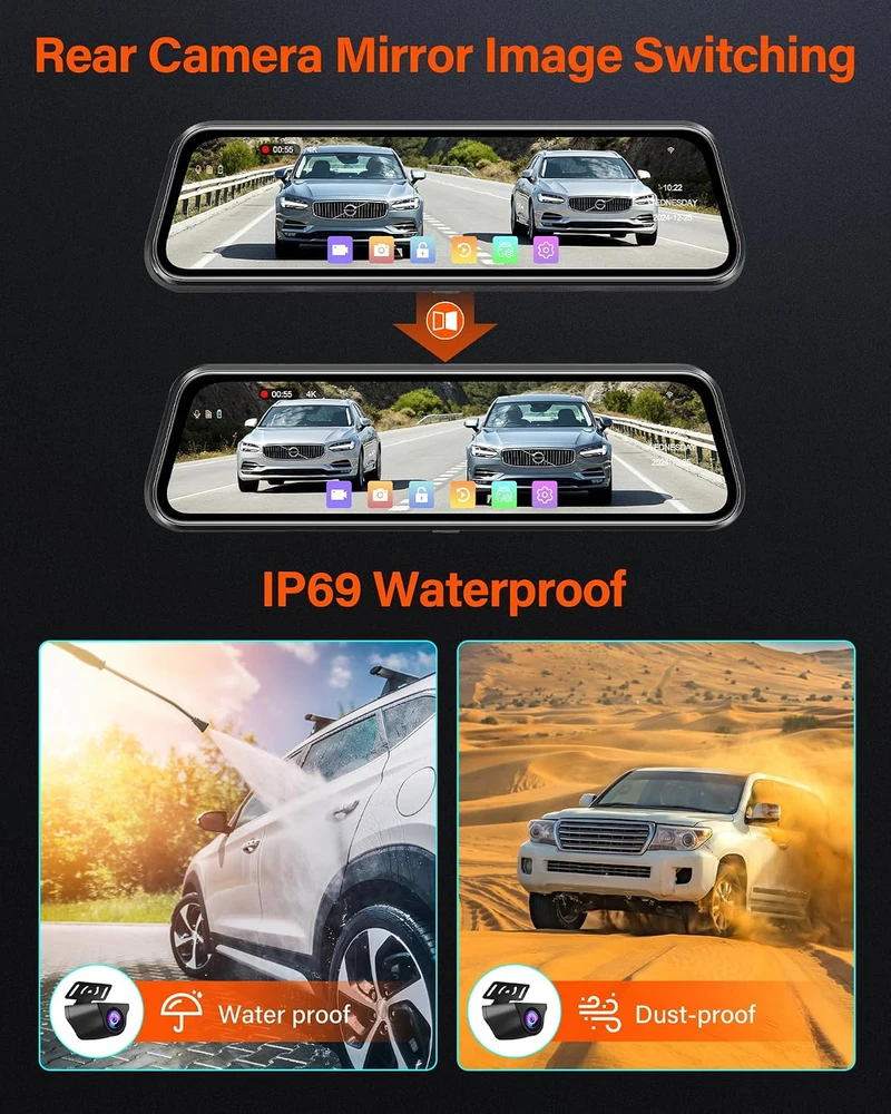 Jansite automobilinis vaizdo registratorius veidrodėlyje 4K su 10 colių IPS ekranu ir 1080p galine kamera T79D+H35D+10M+64G-EU2