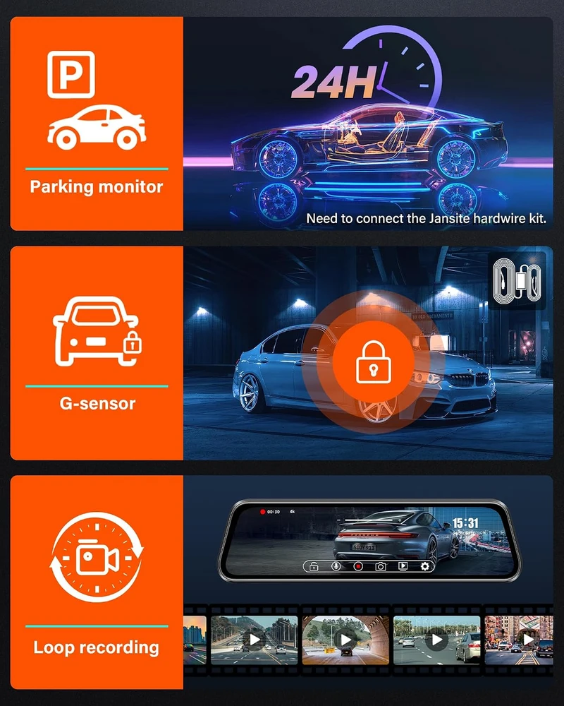 Jansite automobilinis vaizdo registratorius veidrodėlyje 4K su 10 colių IPS ekranu ir 1080p galine kamera T79D+H35D+10M+64G-EU2