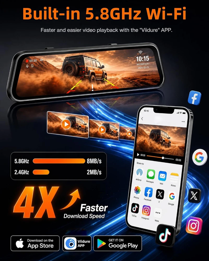 Jansite automobilinis vaizdo registratorius veidrodėlyje 4K su 10 colių IPS ekranu ir 1080p galine kamera T79D+H35D+10M+64G-EU2