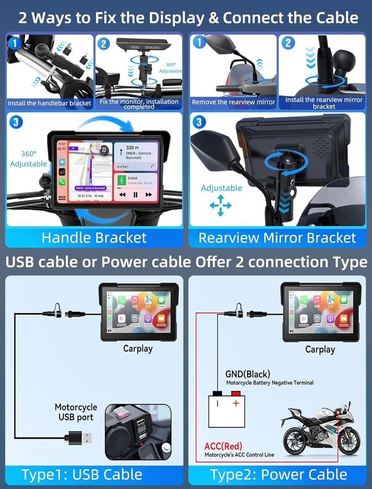 Jansite motociklo navigacijos sistema su 7 colių IPS ekranu, vandeniui atspariu lietimui jautriu ekranu ir Bluetooth CarPlay Android Auto funkcija MT83E+DYX-5
