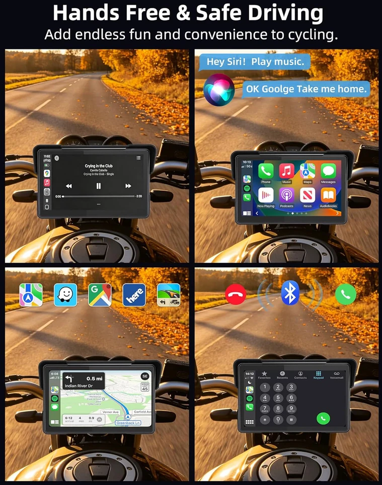 Jansite motociklo navigacijos sistema su 7 colių IPS ekranu, vandeniui atspariu lietimui jautriu ekranu ir Bluetooth CarPlay Android Auto funkcija MT83E+DYX-5