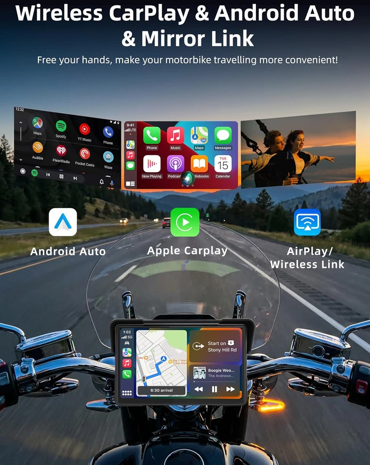 Jansite motociklo navigacijos sistema su 7 colių IPS ekranu, vandeniui atspariu lietimui jautriu ekranu ir Bluetooth CarPlay Android Auto funkcija MT83E+DYX-5