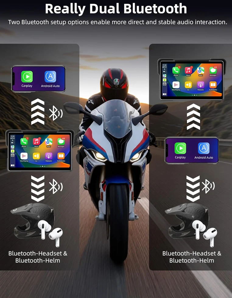 Jansite motociklo navigacijos sistema su 7 colių IPS ekranu, vandeniui atspariu lietimui jautriu ekranu ir Bluetooth CarPlay Android Auto funkcija MT83E+DYX-5