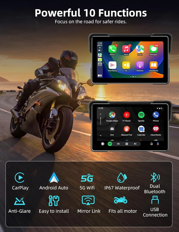 Jansite motociklo navigacijos sistema su 7 colių IPS ekranu, vandeniui atspariu lietimui jautriu ekranu ir Bluetooth CarPlay Android Auto funkcija MT83E+DYX-5