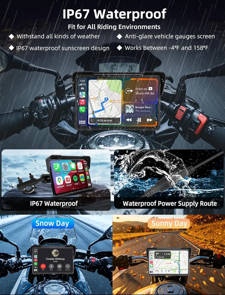 Jansite motociklo navigacijos sistema su 7 colių IPS ekranu, vandeniui atspariu lietimui jautriu ekranu ir Bluetooth CarPlay Android Auto funkcija MT83E+DYX-5