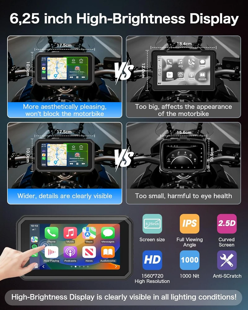 Jansite navigacija motociklams su 4K vaizdo registratoriumi, 6,25" ekranas, IP67, 64 GB, Bluetooth, Android Auto, CarPlay, MT52