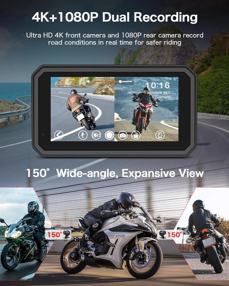 Jansite navigacija motociklams su 4K vaizdo registratoriumi, 6,25" ekranas, IP67, 64 GB, Bluetooth, Android Auto, CarPlay, MT52