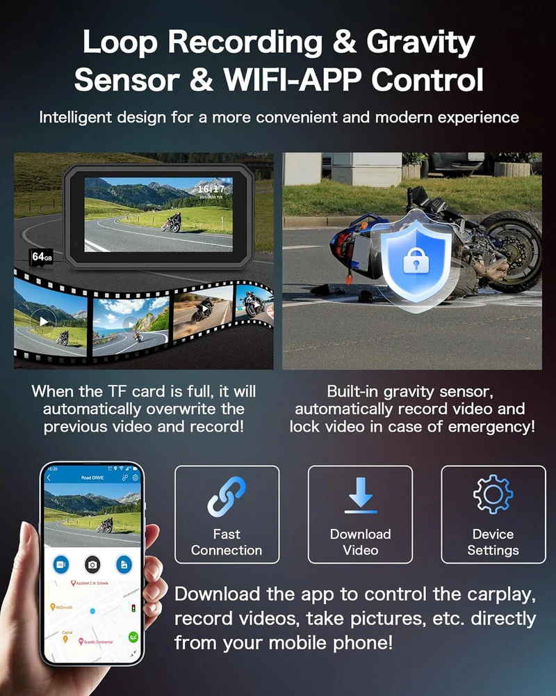 Jansite navigacija motociklams su 4K vaizdo registratoriumi, 6,25" ekranas, IP67, 64 GB, Bluetooth, Android Auto, CarPlay, MT52