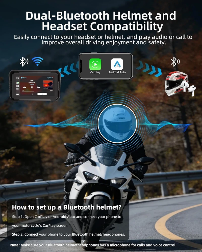Jansite navigacija motociklams su 4K vaizdo registratoriumi, 6,25" ekranas, IP67, 64 GB, Bluetooth, Android Auto, CarPlay, MT52