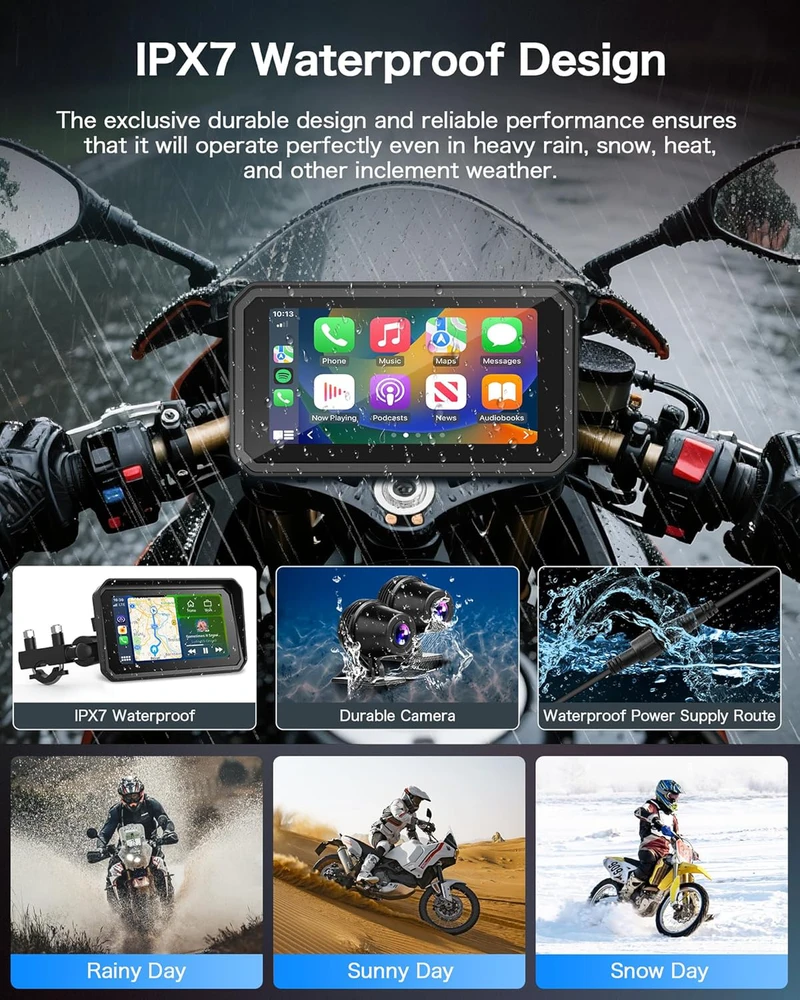 Jansite navigacija motociklams su 4K vaizdo registratoriumi, 6,25" ekranas, IP67, 64 GB, Bluetooth, Android Auto, CarPlay, MT52