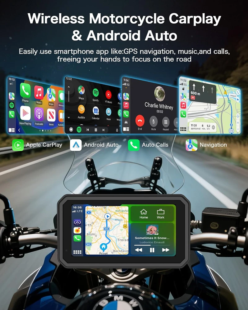Jansite navigacija motociklams su 4K vaizdo registratoriumi, 6,25" ekranas, IP67, 64 GB, Bluetooth, Android Auto, CarPlay, MT52