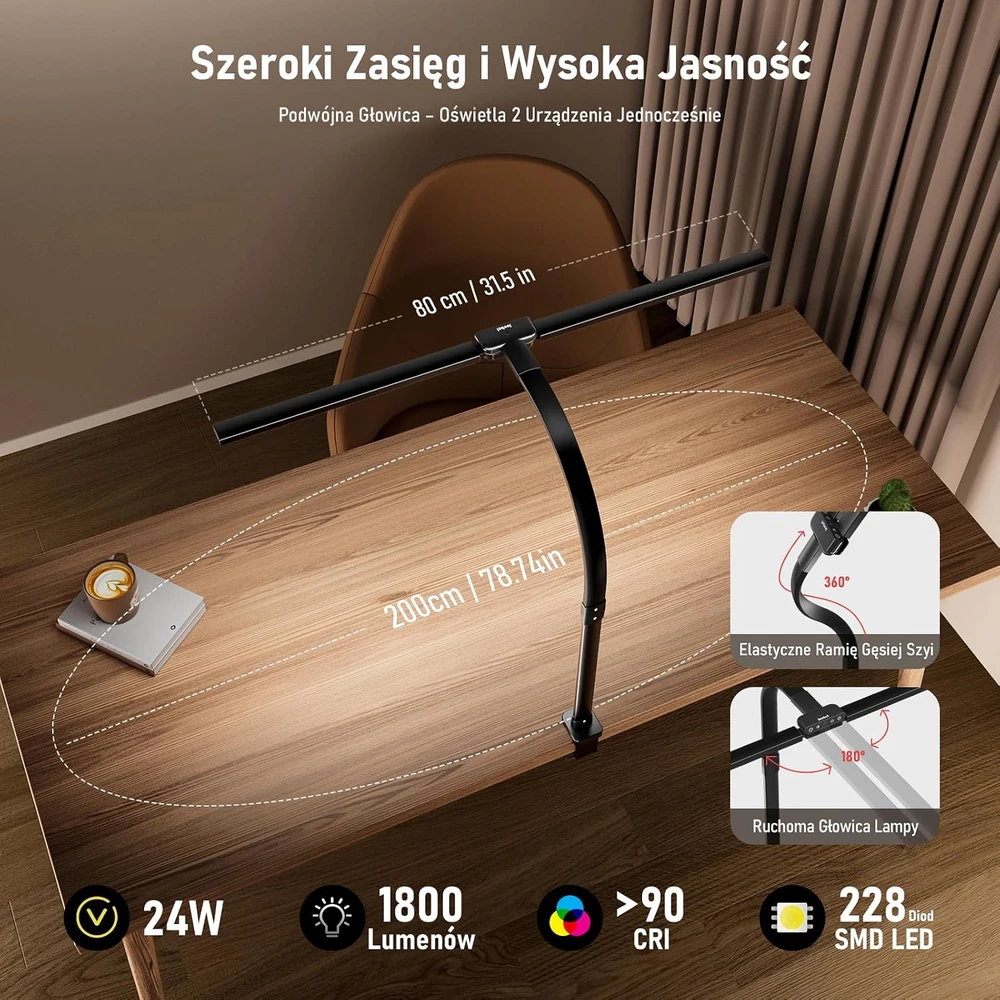 Jeebel dvigubos galvutės LED stalinė lempa su spaustuku, 24 W, 1800 lm, JBL-TL203002-1