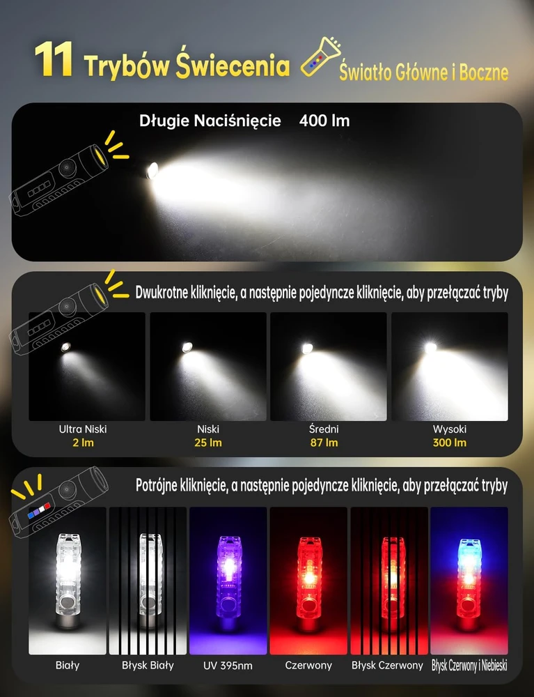 Jeebel LED raktų pakabuko žibintuvėlis USB-C, 400 lm, UV, IP65 S11-01