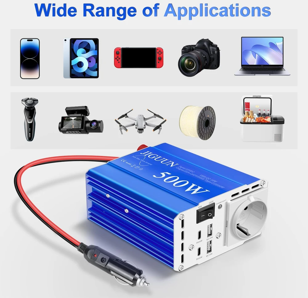 JIGUUN sinusinės įtampos keitiklis 500 W 12 V į 230 V su USB-C PD 500W12V