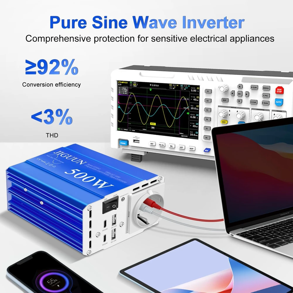 JIGUUN sinusinės įtampos keitiklis 500 W 12 V į 230 V su USB-C PD 500W12V