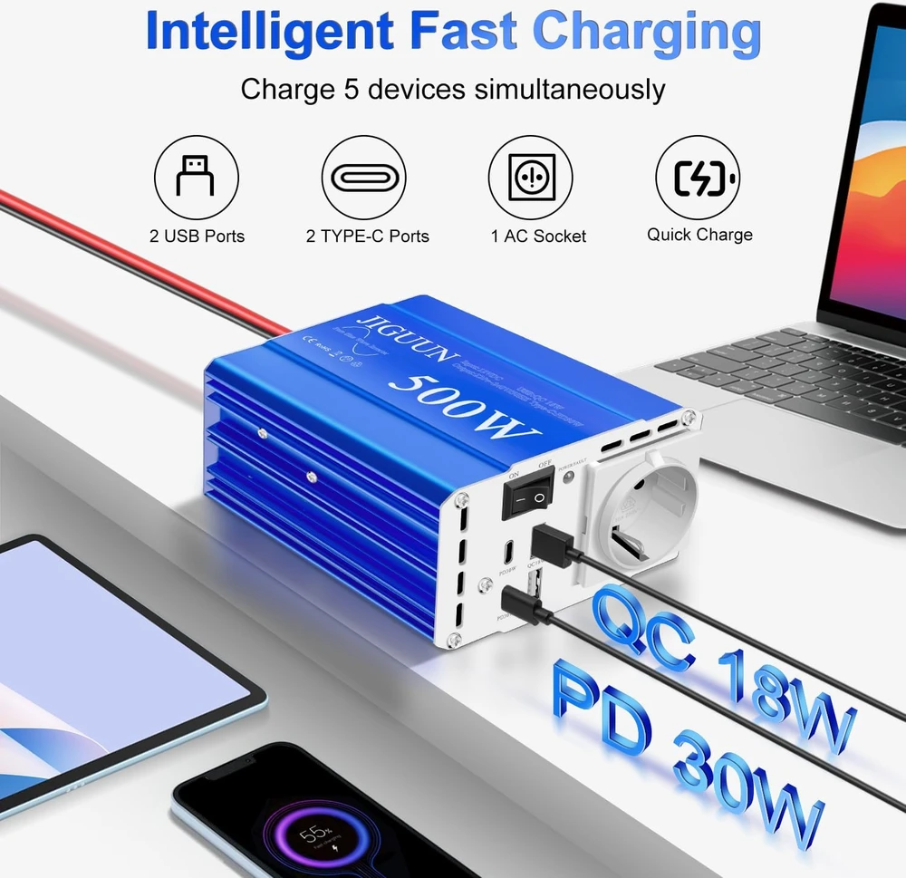 JIGUUN sinusinės įtampos keitiklis 500 W 12 V į 230 V su USB-C PD 500W12V