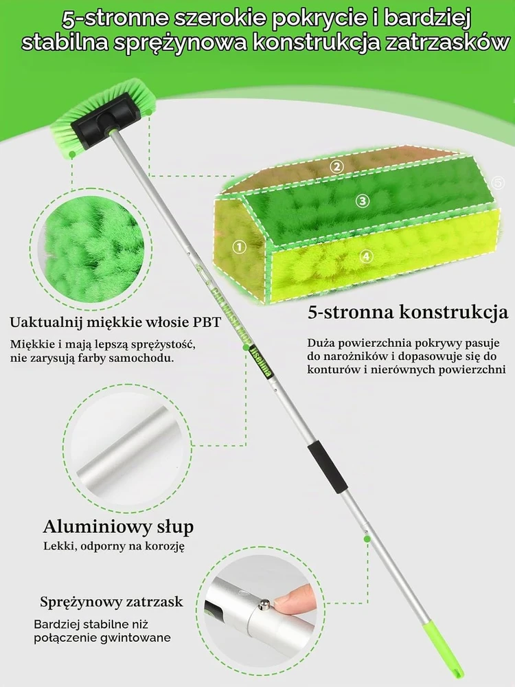 Jisejima automobilio plovimo šepetys su 150 cm ilgio rankena, minkštais PBT šeriais 6SCarbrush