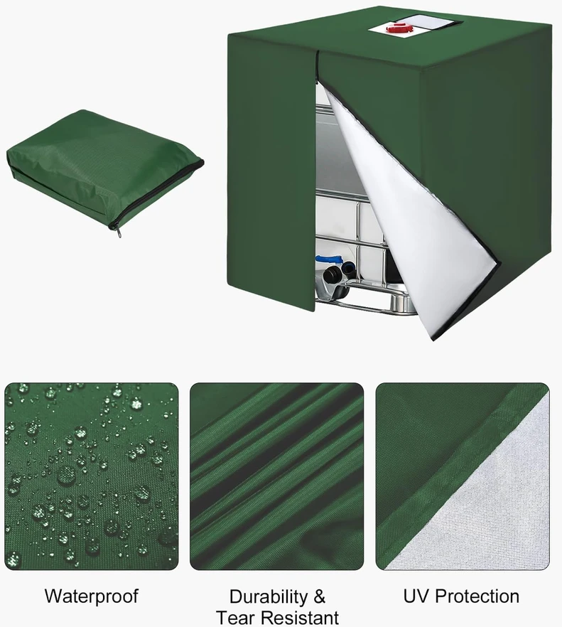 Jissta IBC tvirtas vandens talpos uždangalas 420D Oxford audinys 120 x 100 x 116 cm žalias su užtrauktuku