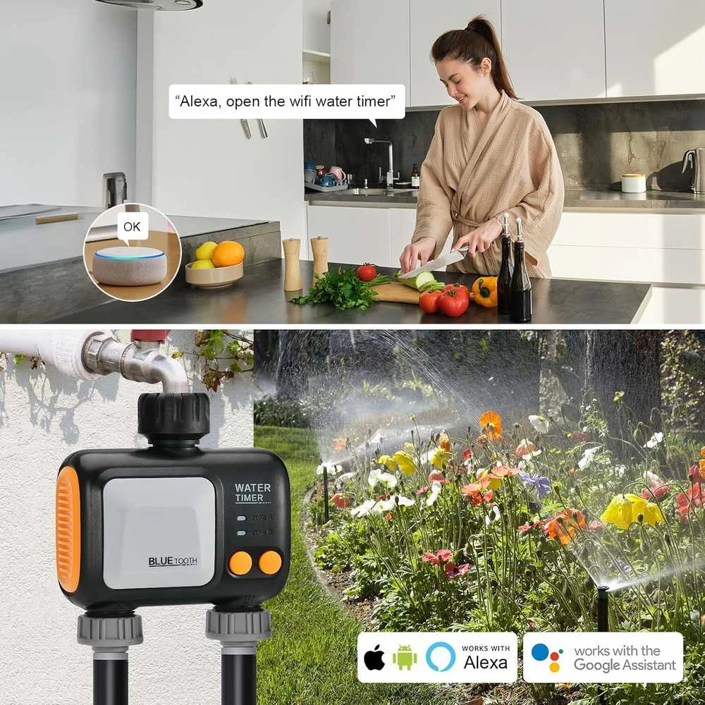 Johgee išmanusis laistymo kompiuteris su Wi-Fi, 2 nepriklausomais vožtuvais, valdomas per Alexa ar Smart Life