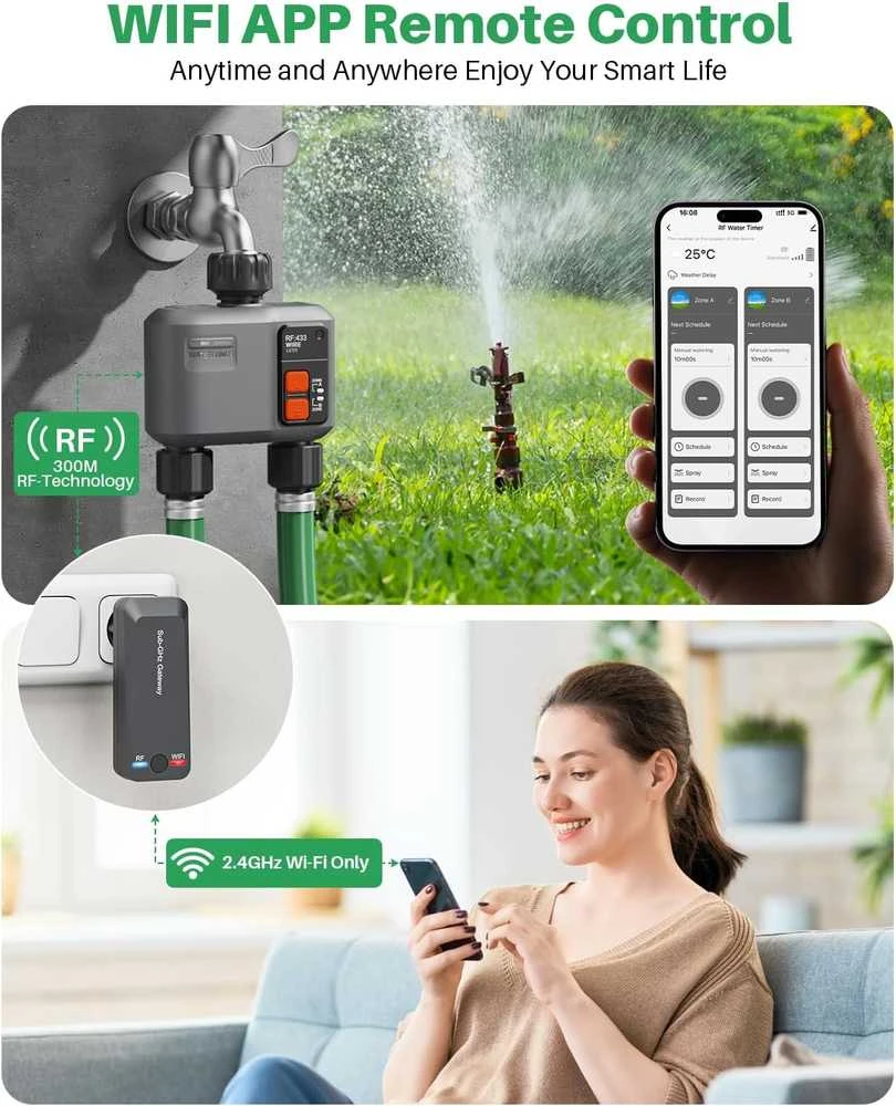 johgee išmanusis sodo laistymo valdiklis su Wi‑Fi, 2 išėjimai, RF 300 m, suderinamas su Alexa ir Smart Life, HCT-636G